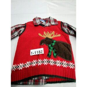 Good Lad Christmas Sweatervest with plaid shirt (3T) - Moose in scarf on sweater